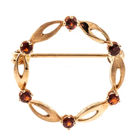 Brosch med roströda stenar Ø22,5mm, 18K 2,8g.