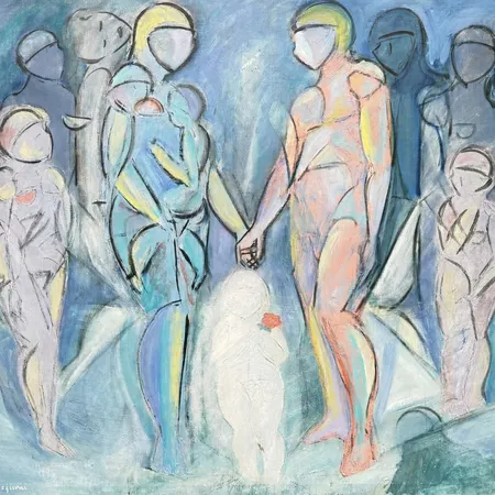 Tavla Roberto Torregiani abstrakta figurkompositioner, olja på duk 150x135cm, signerad, färgbortfall, slitage vid kanter Skickas med Bussgods eller PostNord