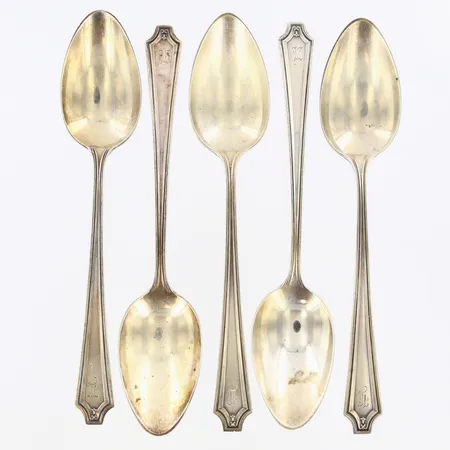 5 skedar gravyr, silver 925/1000 Vikt: 130 g