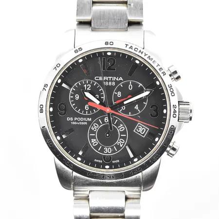 Herrur Certina DS Podium stål, quartz, Ø42mm, datum, kronograf, refnr C001617 A, bruksslitage, manual, extra länkar, certifikat klockia 2012-07-11, box.