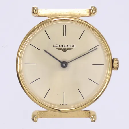 Damur Longines La Grande Classique Ø24mm, quartz, förgyllt stål, ref. L4.135.2, serienummer 26358189, bruksslitage, går ej troligen batteribyte, inget band, inga tillbehör, skadad urtavla, ej funktionstestad