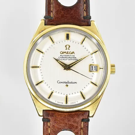 Herrur Omega Constellation Pie Pan guld på stål, automat, Ø34mm, quickset datumfunktion, refnr 168.025, läderband ej original, monocoque, urverk sitter något löst, Tool 105, inga tillbehör.