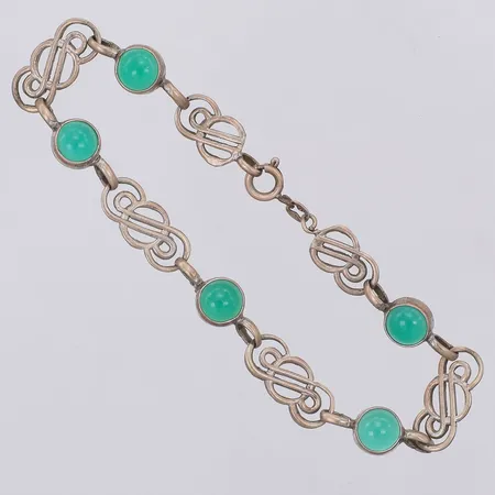 Armband gröna stenar längd 19cm bredd 7,6mm, kattfot, silver 830/1000 Vikt: 6,5 g