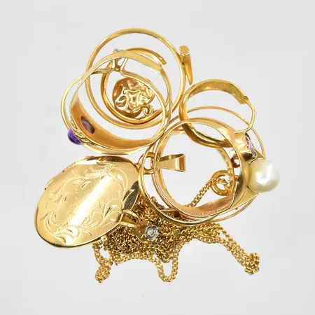 Diverse defekt guld med stenar, 18K. Vikt: 20,5 g