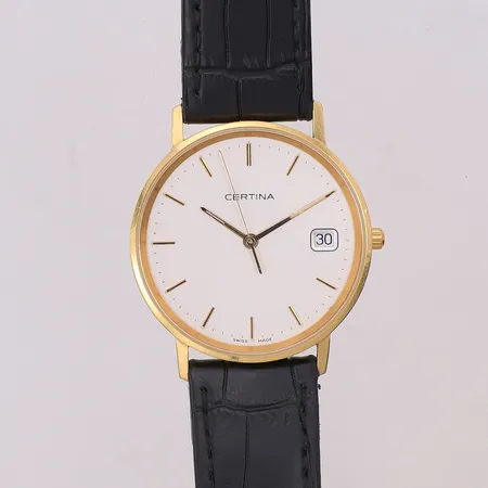 Herrur Certina quartz 18K Ø33,5mm fungerar, läderband, inga tillbehör. Bruttovikt 30,7g