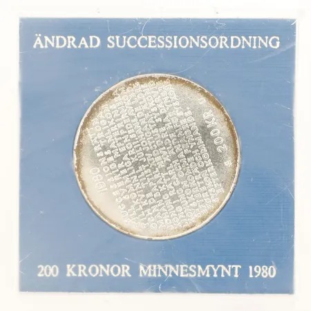 Mynt Ändrad successionsordning 200kr 1980 Ø35mm plastetui silver 925/1000 Vikt: 27,1 g