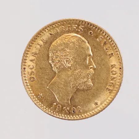Mynt Oscar II 10 Kroner Norge 1902 Ø18mm 21,6K 900/1000  Vikt: 4,5 g
