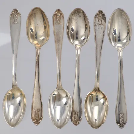 6 Kaffeskedar modell Vasa, längd 11cm, GAB 1930-tal, silver 830/1000  Vikt: 63,7 g