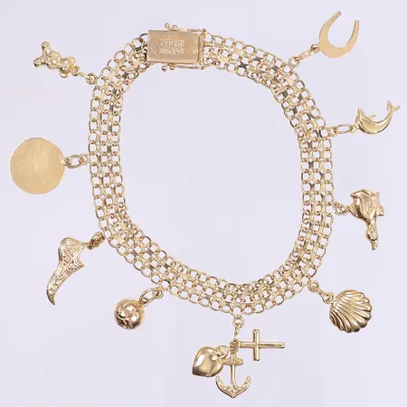 Armband X-länk med berlocker 20cm bredd 8mm, svenska stämplar, 18K  Vikt: 17,1 g