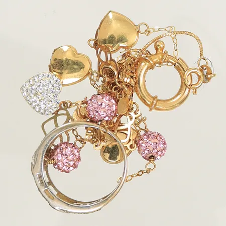 Ring, lås, halscollier, armband, del av kedja, vita & rosa stenar i häftmassa, defekter/av/några stenar saknas 18K 10,6g totalt