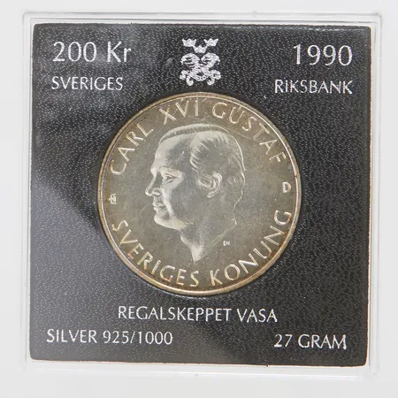 Mynt Carl XVI Gustaf 200kr Ø36mm, Regalskeppet VASA, 1990, etui, silver 925/1000 Vikt: 27 g