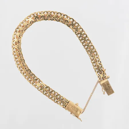 Armband X-länk längd 18,5cm, bredd 7,5mm, Sv Guldvarubolaget Trygve Berghma, år 1954, säkerhetskedja, skev låsåtta, 18K Vikt: 15,4 g