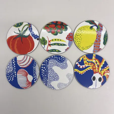 6 Glasunderlägg, Vegetable Tree, Josef Frank Svenskt Tenn, Ø10cm, originalkartong, sliten, fläckig kartong