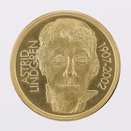 Minnesmynt Pippi Långstrump Astrid Lindgren 1907-2002 Nominellt värde 50kr Ø35mm aluminiumbrons-legering med etui