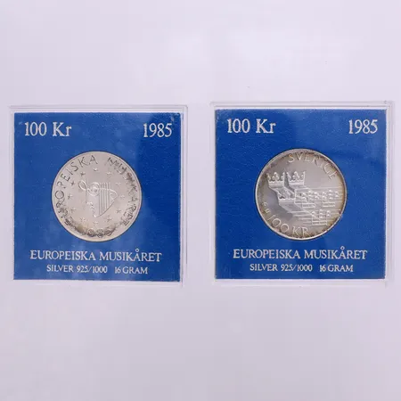 2 Minnesmynt 100kr Ø32mm, Europeiska Musikåret Sverige år 1985, plastetui, silver 925/1000 Vikt: 32 g