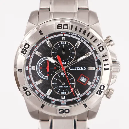 Herrur Citizen WR 100 kronograf Ø44mm, quartz, stålarmband 18cm, mindre nagg på glas, behov av batteribyte