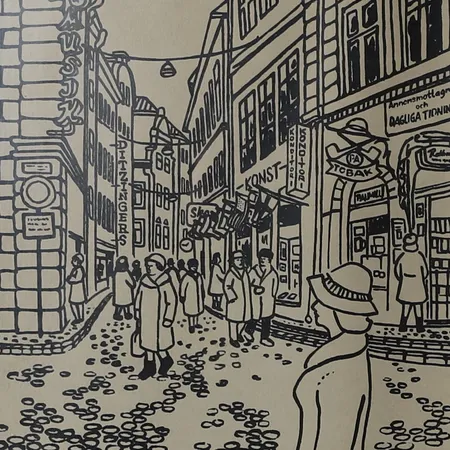 Tavla litografi Åke Westin Västerlånggatan, numrerad 177/300, tuschteknik, bildmått 29x36cm, ramad Specialfrakt, kontakta pantbankskontoret för mer information.