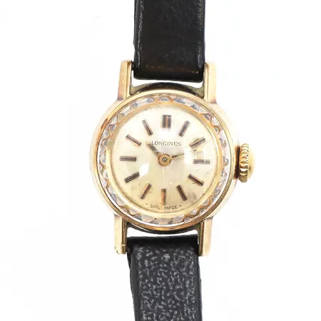Damur Longines 14K, 18mm, manuell, boettnr: 7773 1, verknr: 13578899, Cal 410, slitet läderband, inga tillbehör