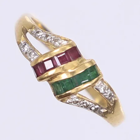Ring med gröna samt röda stenar och diamanter 10xca 0,005ct stl: 17 bredd 2-7mm 18K  Vikt: 2,3 g