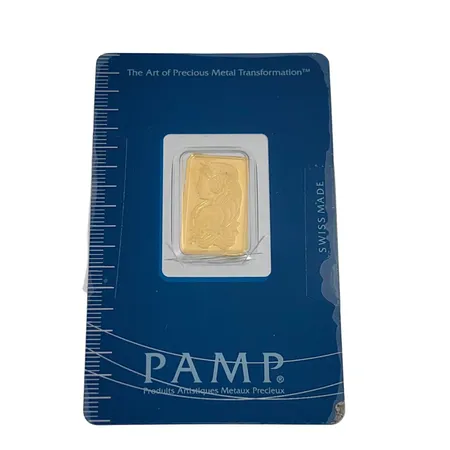 Guldtacka PAMP 5 gram, 999,9/1000, SWISS MADE, Assayer, serienummer AO58909, bruten förpackning, inköpt på Tavex Vikt: 5 g