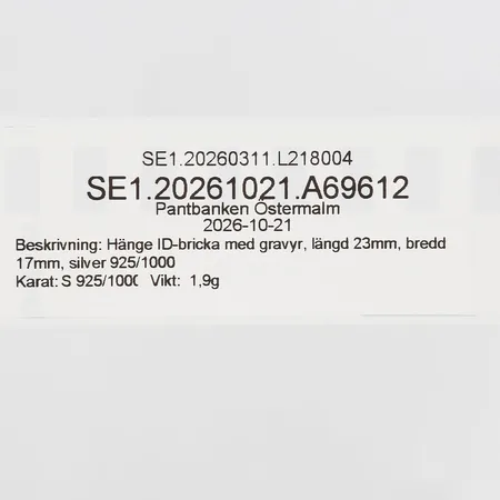 Hänge ID-bricka med gravyr, längd 23mm, bredd 17mm, silver 925/1000 Vikt: 1,9 g