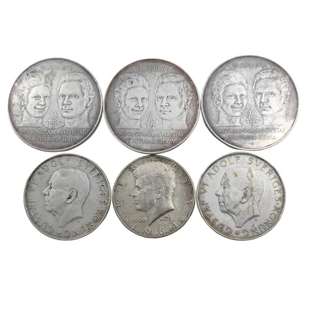Silvermynt, 6 stycken, silverhalt 830-925/1000, finvikt 116g Vikt: 116 g