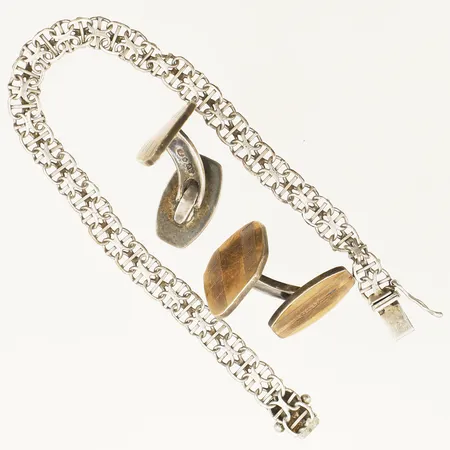 Armband X-länk 18,5cm defekta länkdelar ett par manschettknappar repor silver  Vikt: 19,7 g