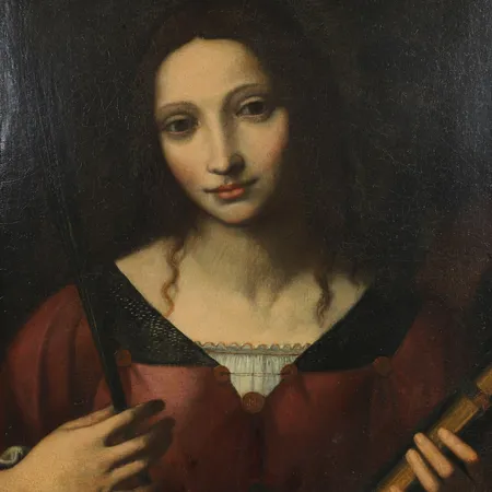 Tavla Sankta Katarina av Alexandria, Bernardino Luini, hans krets ca 1550, olja på pannå överförd till duk 54x44cm, proveniens: Stockholms Auktionsverk 2019, enligt auktionsbeskrivning: expertis Cabinet Turquin, Stéphane Pinta, Paris, ram med åldersbetingat slitage. Specialfrakt, kontakta pantbankskontoret för mer information.