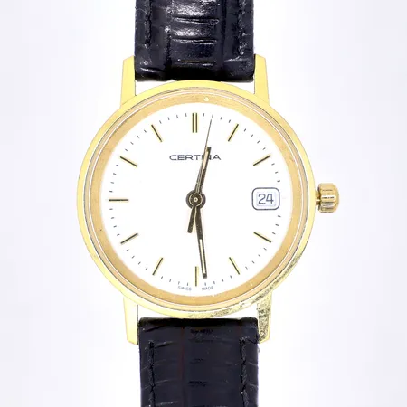 Damur Certina 18K Ø24mm quartz, datum, gravyr "För nit och redlighet i rikets tjänst", ref-nr 152.9289.68, safirglas, svart läderband original, fungerar, Bruttovikt: 17,6g