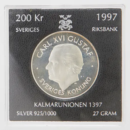 Mynt Carl XVI Gustaf 200kr Ø36mm, Kalmarunionen 1397, 1997, etui, silver 925/1000 Vikt: 27 g