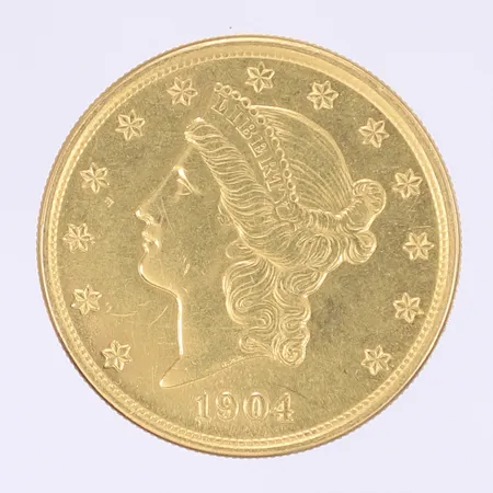 Mynt "United States of America" 20 dollars år 1904 Ø34mm bredd 3mm 21,6K  Vikt: 33,2 g