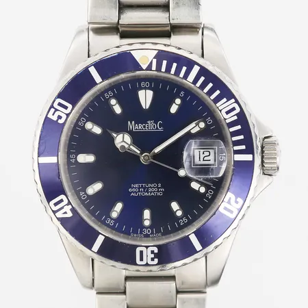 Herrur Marcello C. Nettuno 2, stål, automat, Ø40mm, ref-nr: 2006, cal. ETA 2824-2, safirglas, datum, dubbelviklås, bruksskick, inga övriga tillbehör.