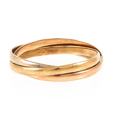 Ring 3-delad stl:17½ bredd c:a 3,5mm (varje ring 1,8mm bred), gul-, rosé- och vitguld, 18K 2,1g.