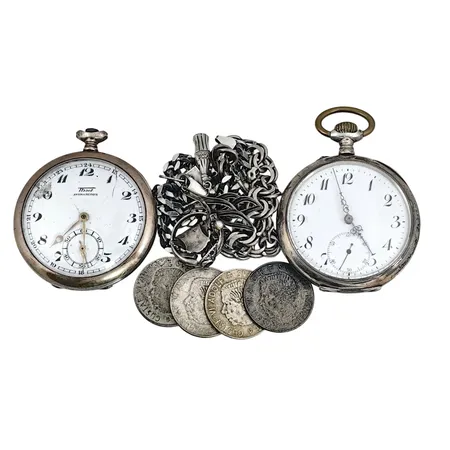 Parti silver, finhalt 400-925/1000, vikt utan fickur 74,8g, vikt 2 fickur 153,2g