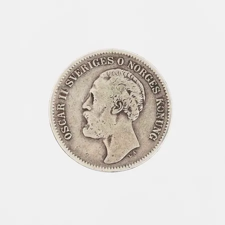 Mynt 2 kronor Oscar II 1876, Ø 31mm, silver 800/1000 Vikt: 14,6 g