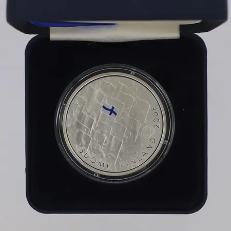 Jubileumsmynt Finlands flagga 1918-2008, 10 euro, Ø38,6mm, etui, silver 925/1000 Vikt: 25,2 g