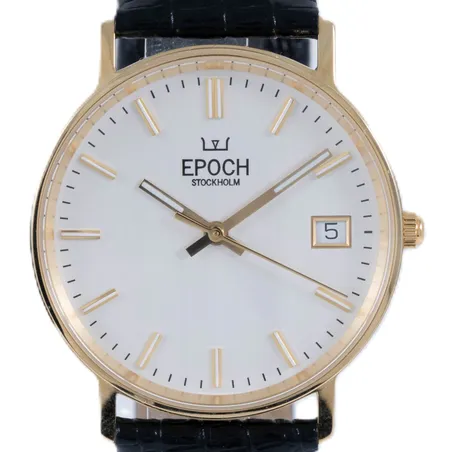 Herrur EPOCH Stockholm guld 14K quartz 33,5mm datum, safirglas, svart läderband Epoch, gravyr "För nit och redlighet i rikets tjänst", oanvänt skick, ask och garanti (1år) utfärdat juni-26 medföljer, bruttovikt: 29,2g. Nypris c:a 14.995:-