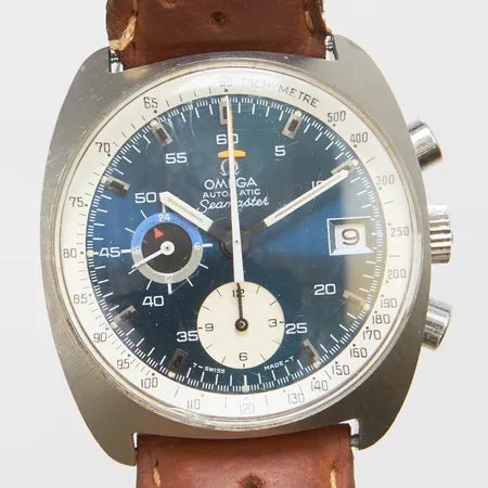 Herrur Omega Seamaster "Jedi", boett i stål, kronograf, automatisk, Ø38mm, datum, refnr: 176.007, serienr: 35610800, cal. 1040, ca år 1972, läderband med viklås ej original samt slitet, repigt glas, inga tillbehör