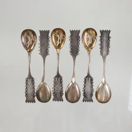 6 Skedar modell Same 11,5cm, 830/1000 silver, etui, Vikt: 78,5 g