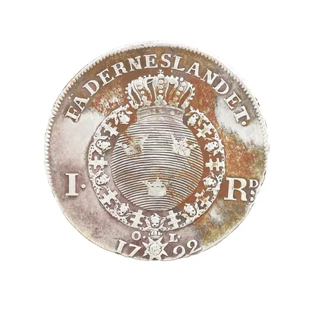 Mynt, 1 Riksdaler - Gustav III, präglat år 1792, Ø41mm, åldersbetingat slitage, 878/1000 silver Vikt: 29 g