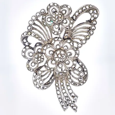 Brosch vintage med markasiter, längd 53mm, bredd 38mm, 835/1000 Silver, Vikt: 18,3 g