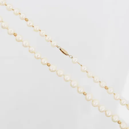 Pärlcollier med odlade sötvattenspärlor Ø7-8mm, längd 45cm, slitage på pärlor, i behov av omträdning, lås i 14K Vikt: 24,7 g