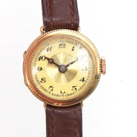 Damur 14K, 21,5mm, manuell, boettnr: 17014, repigt glas, defekt går ej, slitet läderband, inga tillbehör