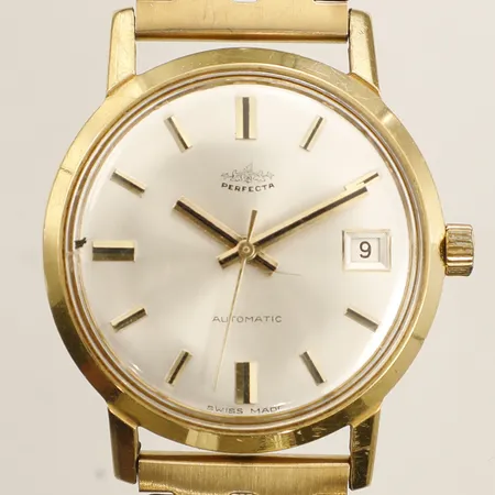 Armbandsur Perfecta 14K automatisk Ø34mm datum gravyr guldfärgad stållänk inga tillbehör