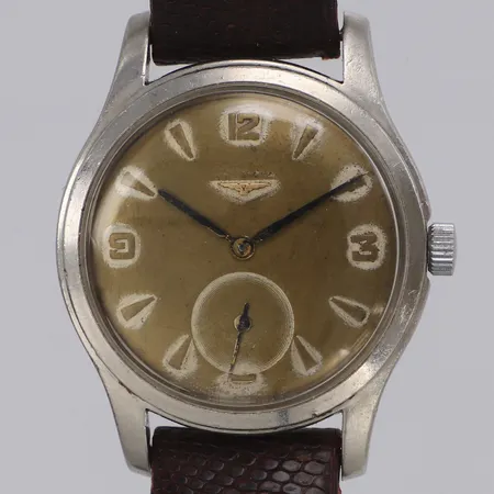 Armbandsur Longines, stål, manuell, boettnr 6263 20 153, serienr 9173573 12.68Z, liten sekundvisare, läderarmband ej original, behov av ny packning, skadad urtavla och visare, repig, inga tillbehör.