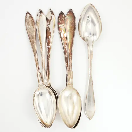Sex soppskedar längd: 22,5cm, gravyr, silver 830/1000 Vikt: 434,7 g