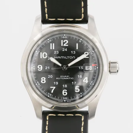 Herrur Hamilton Khaki Field, stål, automat, Ø38mm, ref-nr: H704450, cal. C07.611, verk-nr: V8AW20, datum, läderarmband, spännlås, manual, etui, box.