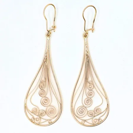 Örhängen, filigranarbete, längd: 72mm , bredd: 2-22 mm, 14K, Vikt: 5,7 g