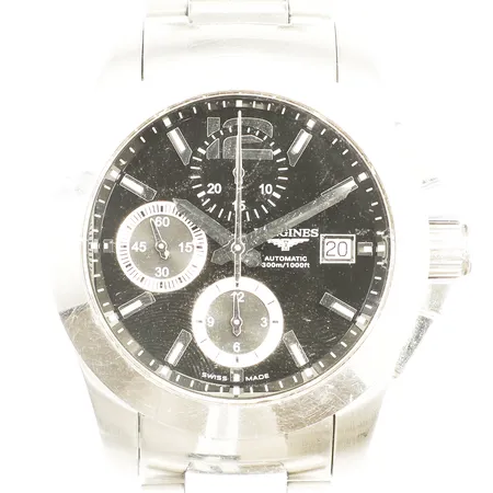 Herrur Longines Conquest stål automatisk ref-nr: L3.662.4, serie-nr: 33993459 Ø41mm datum kronograf stållänk viklås armband ca 19cm repor inga tillbehör.