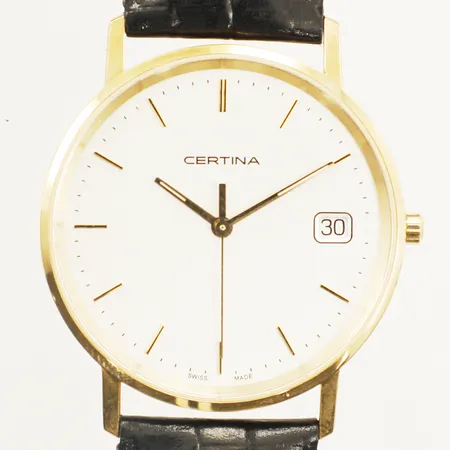 Herrur Certina guld quartz Ø33mm läderband 25cm inklusive boetten box gravyr batteribyte krävs 14K